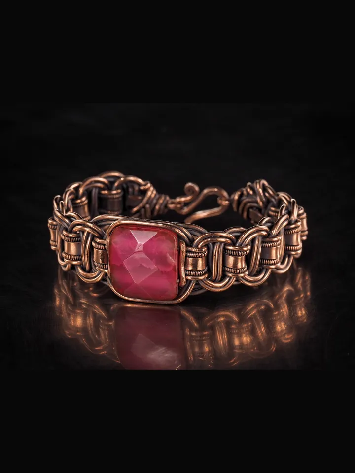 Copper wire wrapped agate bracelet Unique woven copper wire bangle Small size