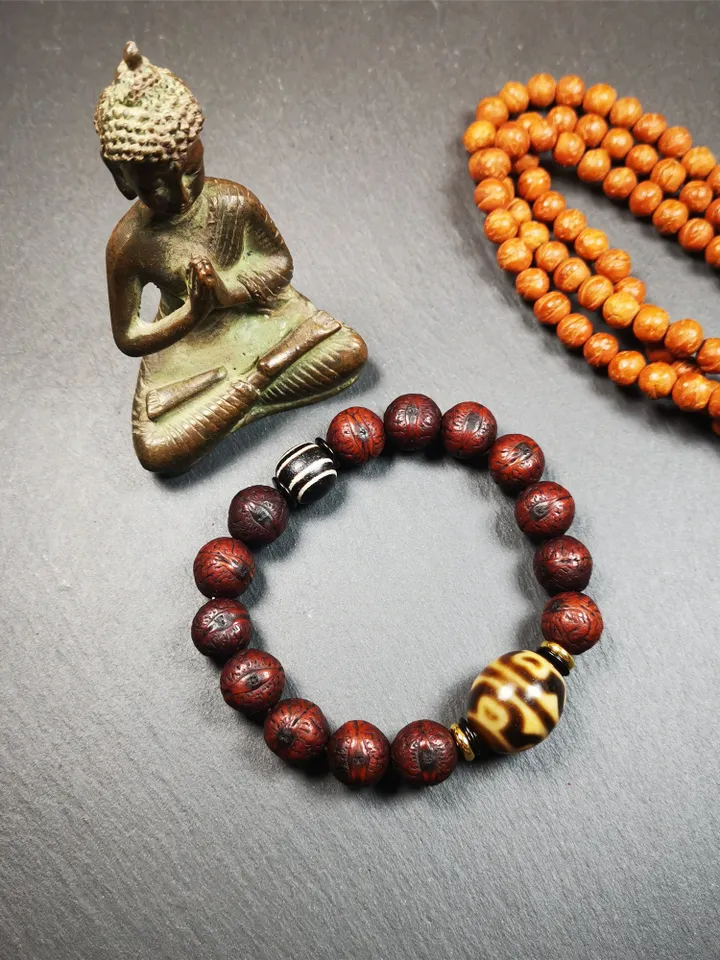 Gandhanra Unique Tibetan Lotus Darlo Dzi Wrist Mala with Old Bodhi Beads,Fit for 15-19cm Wrist,Protective Bracelet,Spiritual Gift