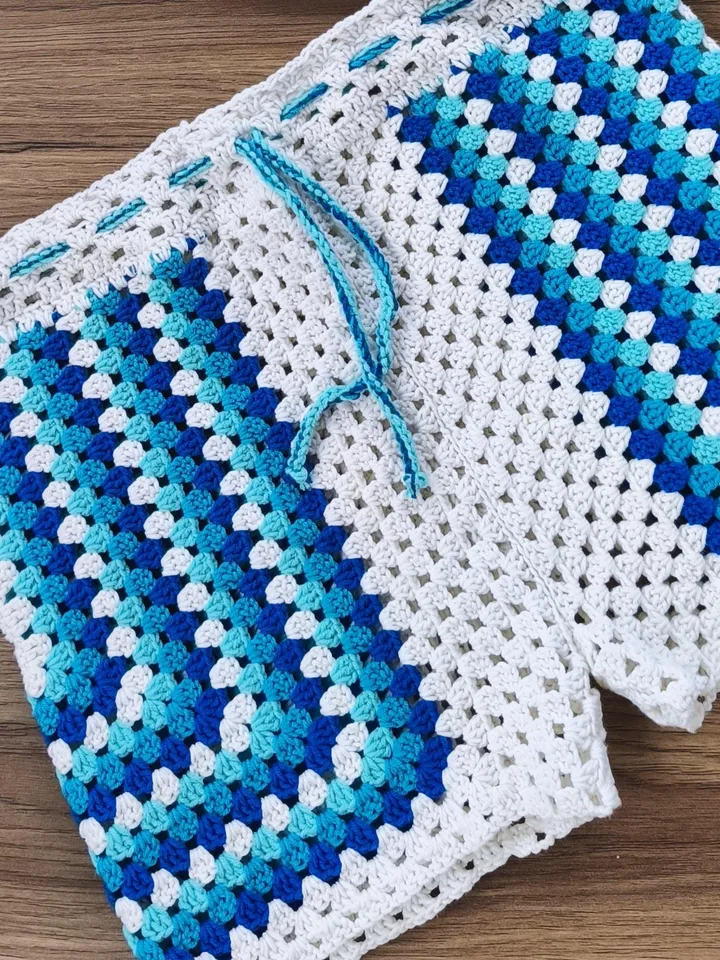 Summer Ready: Granny Square Crochet Short and Top in Blue and White - Boho Style Fashion