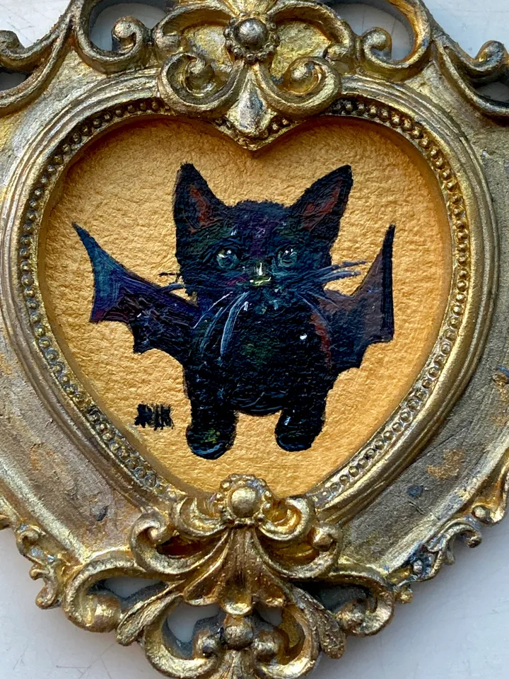 Bat Painting Small Framed Art Goth Painting Bat Gifts, Mini Gold Framed Decor, Cat Bat, Black Cat Art, Tiny Art Whimsigoth Decor