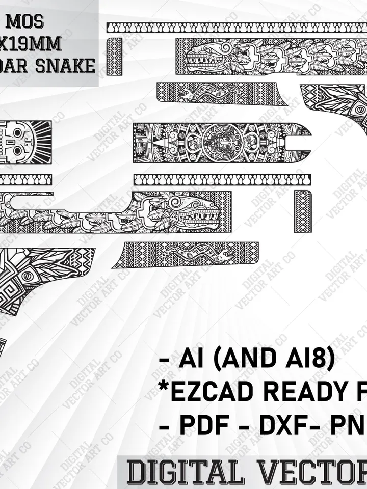 Glock 48 MOS Compact 9x19mm Aztec Mayan Calendar,Snake.Laser engraving firearms design,engraving laser design,metal engraving, svg patterns