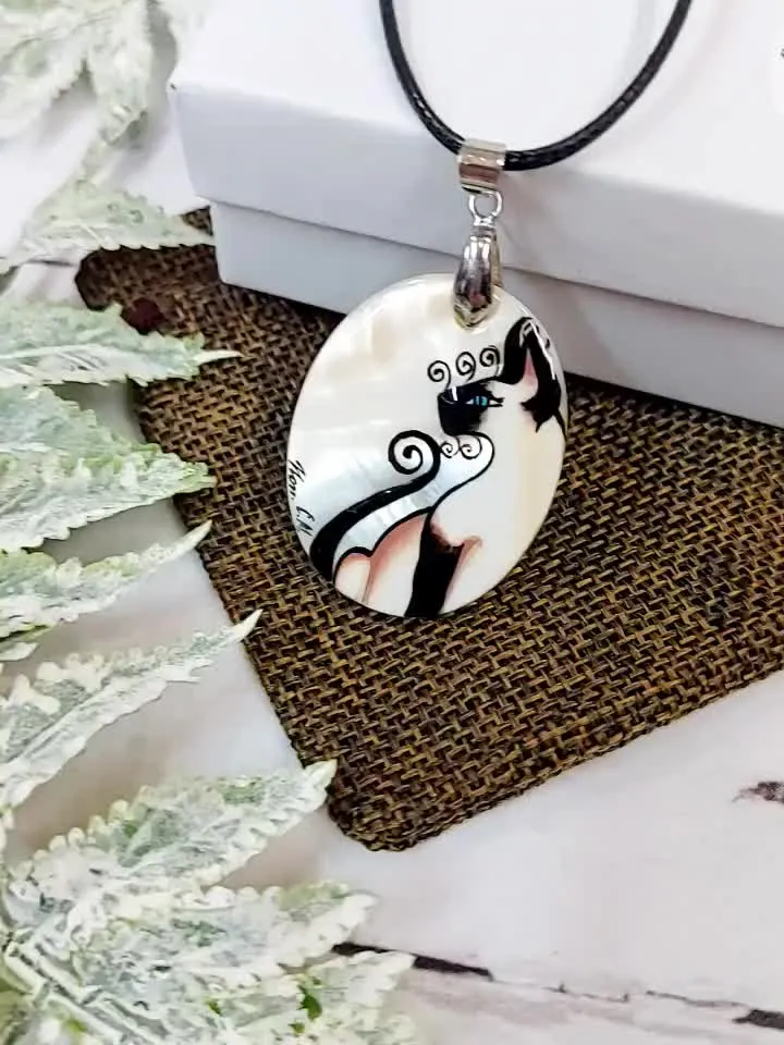 Mother-of-pearl Russian hand-painted necklace pendant "Siamese Cat". Hand paint necklace pendant. Hand painted miniature painting.