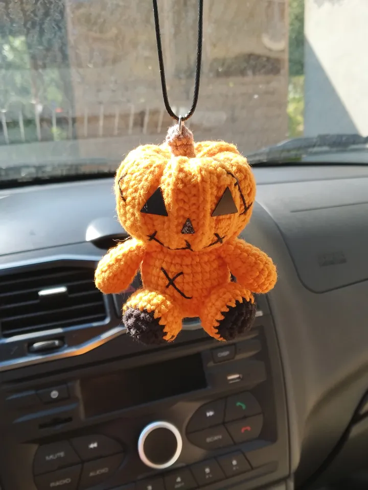 Plush Pumpkin Car Accessory, Halloween Car decor, Hanging Car interior, Rearview Mirror Keychain, Creepy Cute Plushie, stuffed pumpkin, goth car charm, kawaii car decor, gift for a guy