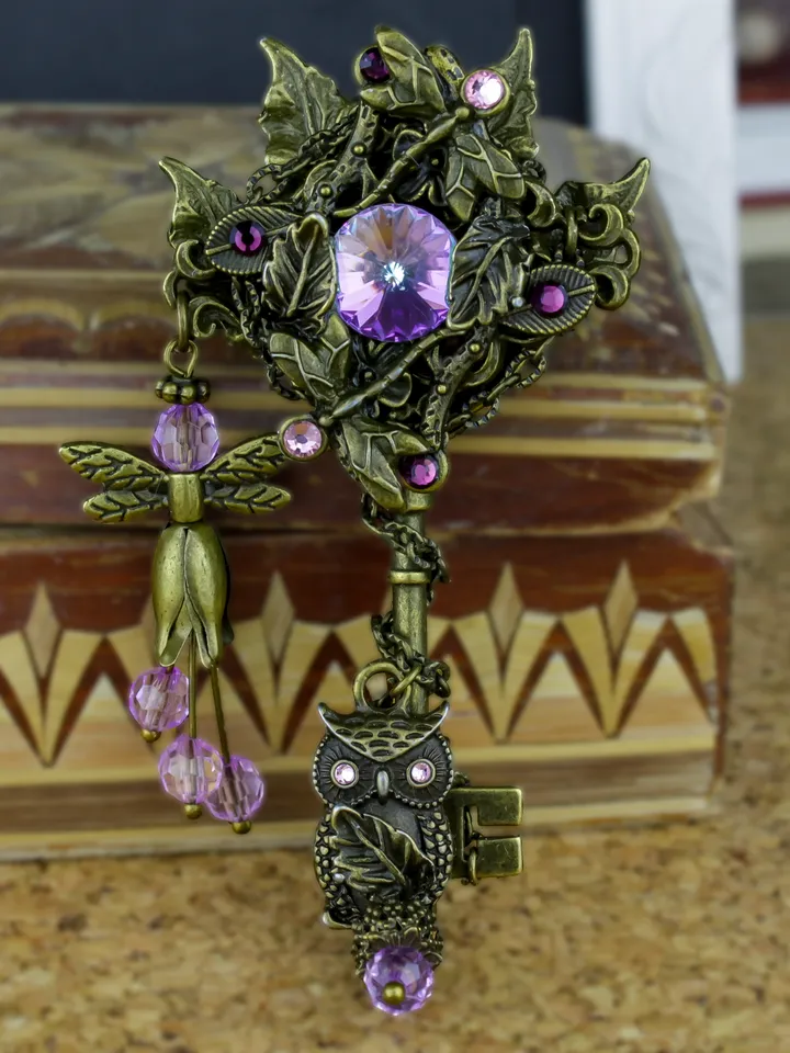 Vintage Pink Key - Necklace “Forest Goddess” with Swarovski