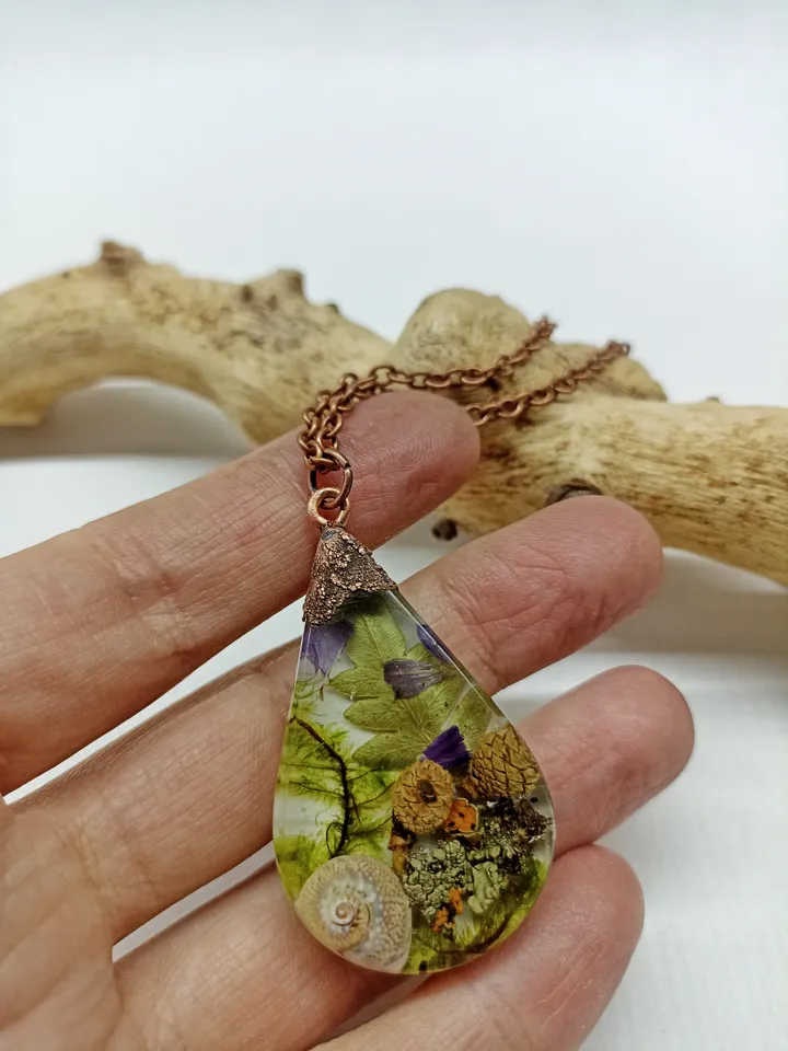 Rain forest Resin and Dry Flowers Pendant Forest jewelry Gift for her