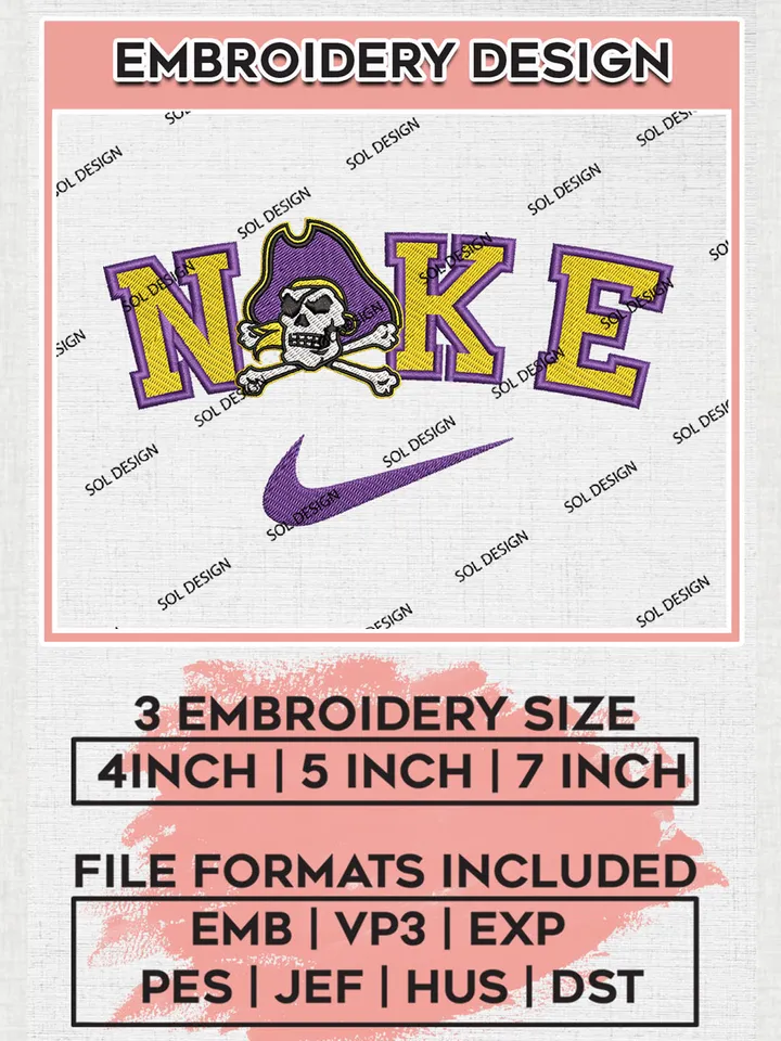 Nike East Carolina Pirates Machine Embroidery Design, NCAA East Carolina Pirates Embroidery Design Design files, NCAA Embroidery Designs, NCAA Machine Embroidery Designs, Digital Download