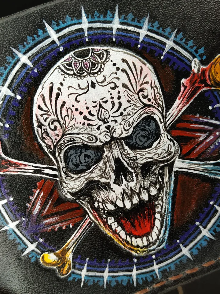 Real leather wallet, Men slim wallet, Small clasp wallet, Hand painted wallet, Wallet for husband, Custom biker wallet, Skull wallet, Gift