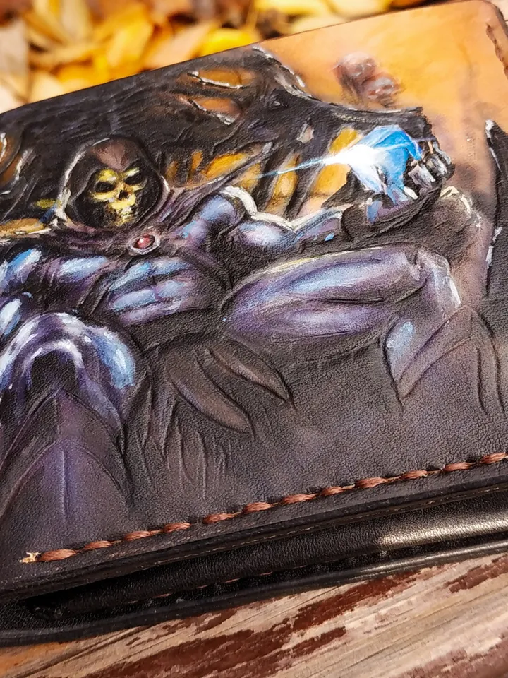 Skeletor Leather Wallet, He-man inspired Personalized Embossing Handmade Wallet, Skull leather wallet men women, Skeleton wallet gift gifts