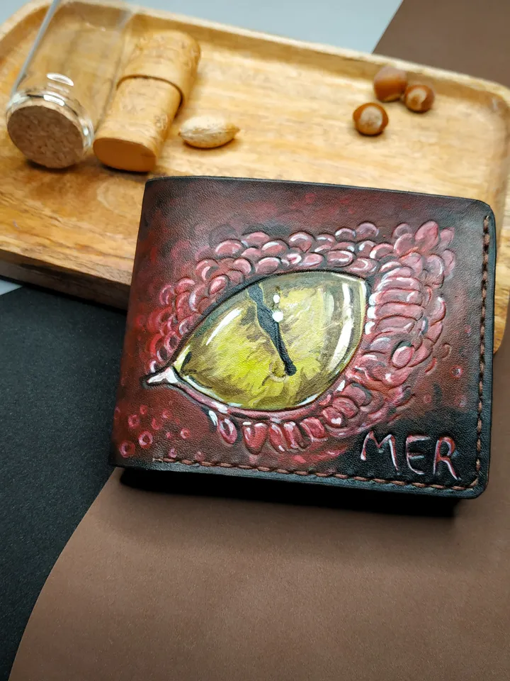 Dragon Wallet, Personalized Leather Custom Mens & Womens Bifold handmade Hand painted wallet, Engraved Unique wallet for men and women