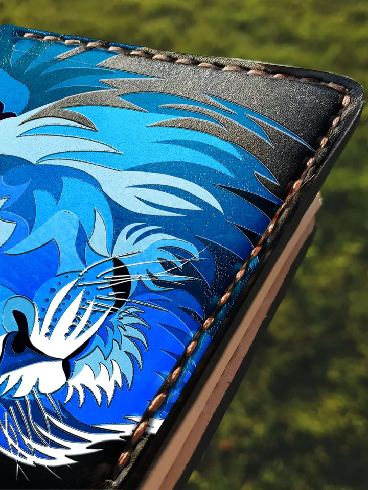 Blue Lion Embossing Handmade Wallet Mens, Blue Leather wallet men, Personalized Animal Wallet Man, Bifold leather wallet mens id gift gifts