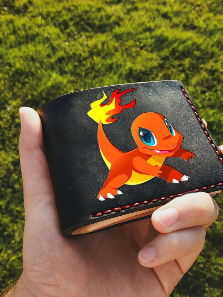 Pokemon wallet, Anime wallet, Bulbasaur Charmander Personalized Leather wallet for men, Custom mens bifold wallet, Hand tooled Kids wallet