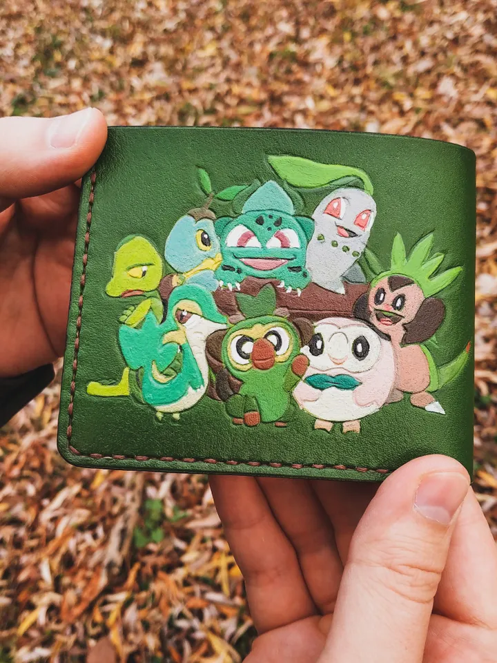 Pokemon Go Leather Wallet | Personalized Mens Wallet Men Women, Sewaddle, Squirtle, Boyfriend Wallets, Geek Gift for him her, ID Card Wallet