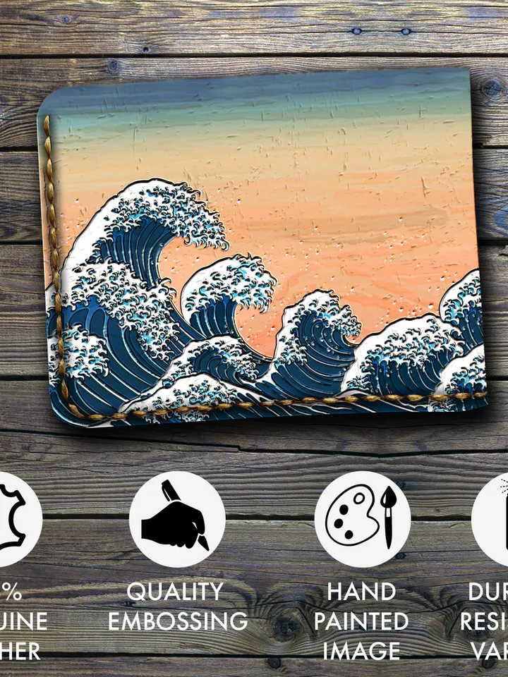 Handcrafted Leather Wallet - Great Wave off Kanagawa - Japan Wave Wallet, Personalized Engraved Embossing Custom Wallet Men, Wallet Men Son