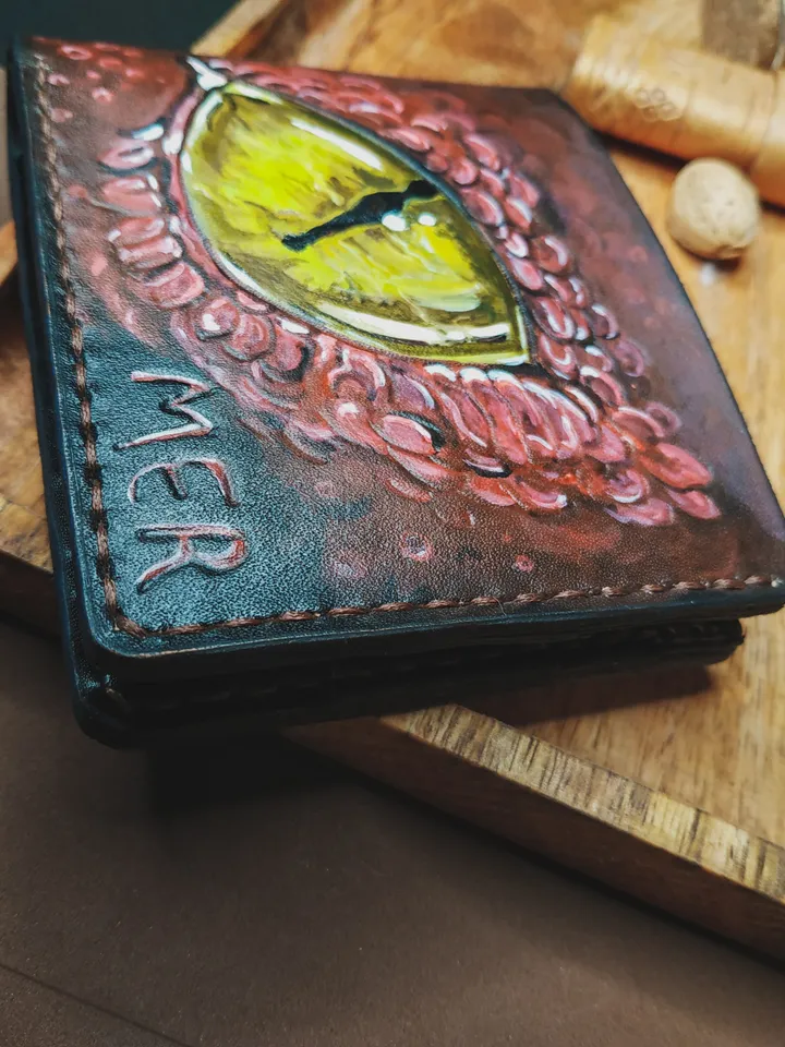 Dragon Wallet, Personalized Leather Custom Mens & Womens Bifold handmade Hand painted wallet, Engraved Unique wallet for men and women