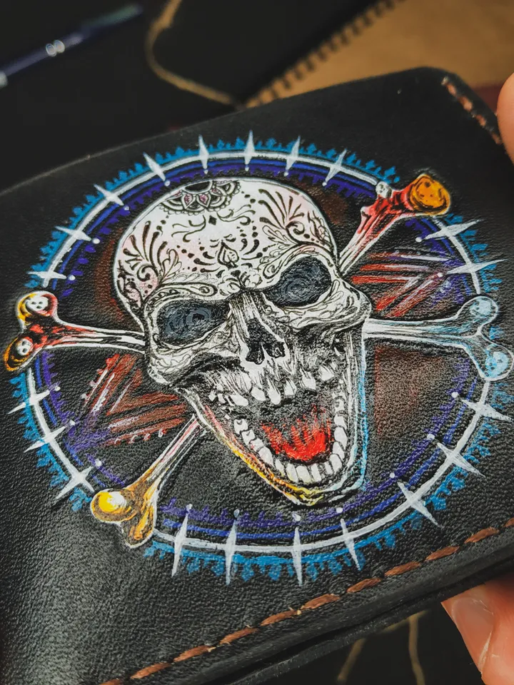 Real leather wallet, Men slim wallet, Small clasp wallet, Hand painted wallet, Wallet for husband, Custom biker wallet, Skull wallet, Gift