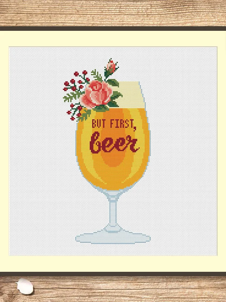 Set of 2 But First Beer Cross Stitch Pattern, Kitchen Cross Stitch, Embroidery Beer, But First Wine Pattern, Modern Cross Stitch #kt007