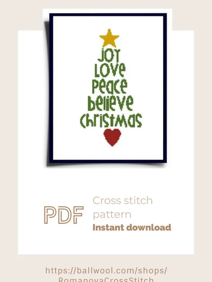 Merry Christmas cross stitch PDF pattern, Word tree embroidery design, Instant download