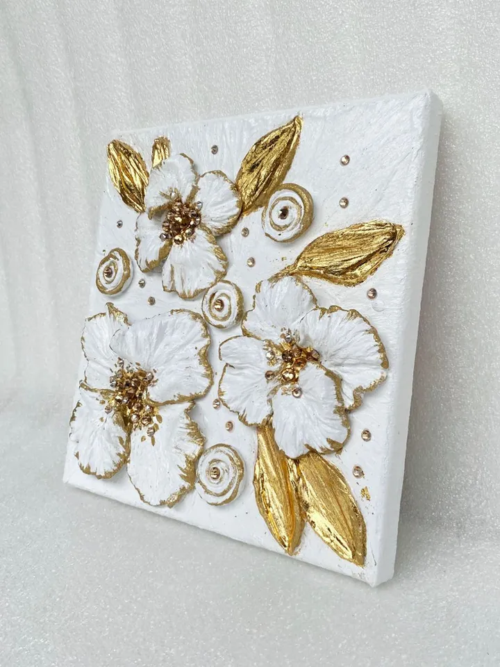 Gold and White Floral artwork with crystals | Poppy Textured painting Flower original art by Juliya JC