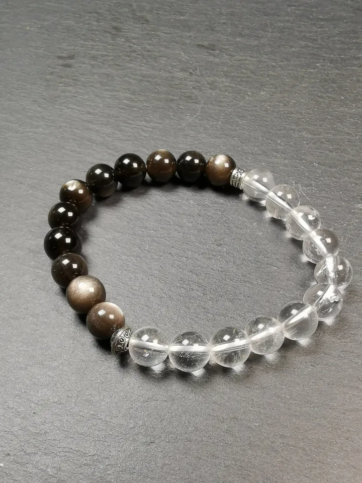 Gandhanra Handmade Tibetan Obsidian + Crystal Wrist Mala, 0.3" Prayer Beads Bracelet,7.5 inches Circumference