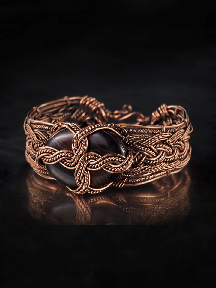 Copper wire wrapped agate bracelet Unique woven copper wire bangle Small size