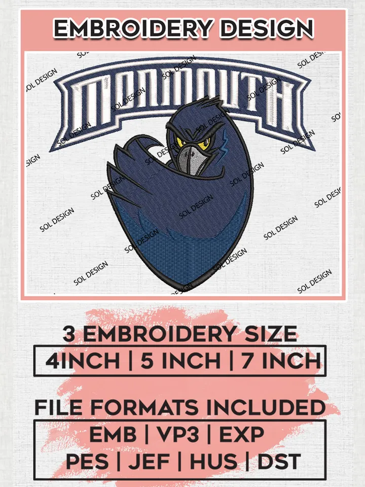 NCAA Monmouth Hawks College Football Team Logo Embroidery Design Files, NCAA Monmouth Hawks Machine Embroidery, NCAA Teams, Game Day, 3 sizes, NCAA Machine embroidery designs, Digital Download