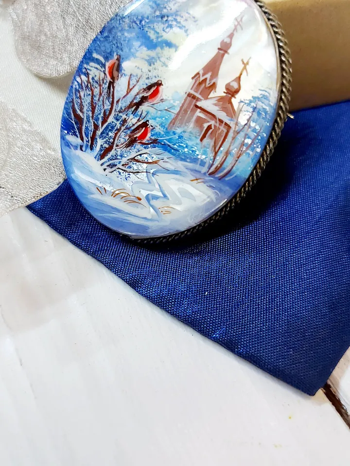 Brooches for women: Church and bullfinches in winter village on hand painted brooch • unique pearl lacquer pin • trendy brooch for dress