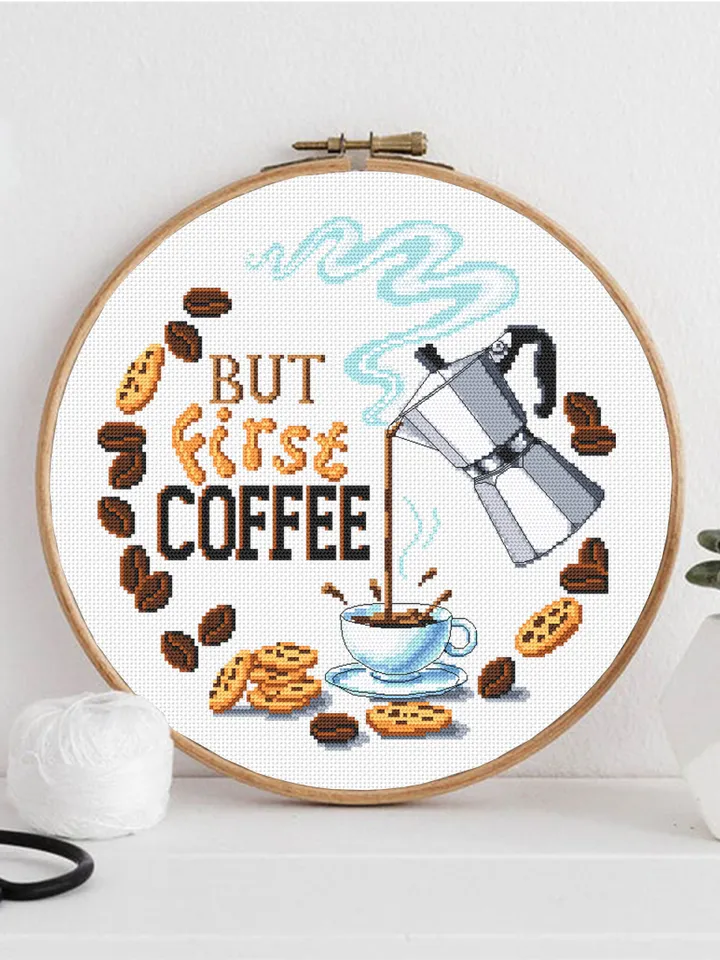 But first coffee cross stitch pattern download PDF, Coffee sampler embroidery PDF, Coffee quote cross stitch chart, Funny home decor #Q53
