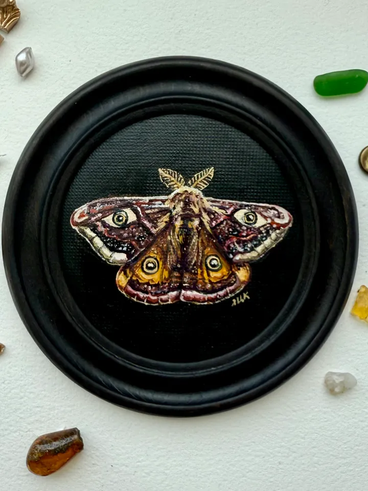 Moth Painting Original Gold Frame Art Round Oil Painting Small Dark Academia Original Painting Dark Framed