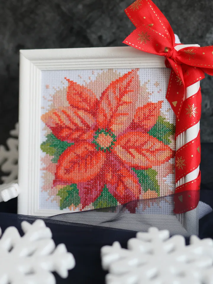 Cross stitch pattern Watercolor Poinsettia, Christmas flower cross stitch chart PDF