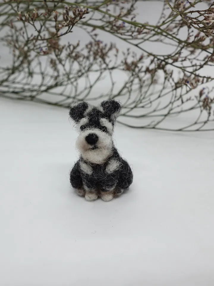 Tiny needle felted gray schnauzer, miniature felted pet, dog portrait, made to order