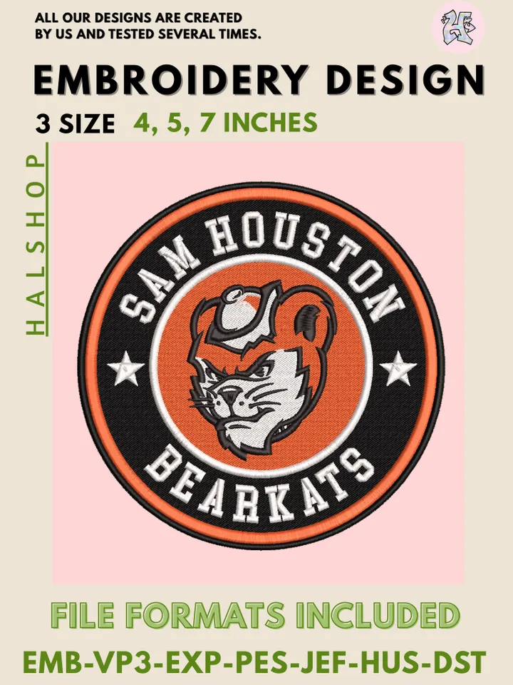NCAA Sam Houston Bearkats Logo Embroidery Files – College Team Design, 3 Sizes, Instant Digital Download for Machine Embroidery Projects