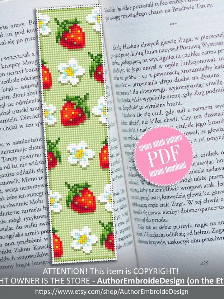 Bookmark Strawberry cross stitch download PDF Summer cross stitch chart Digital bookmark fruit Red berries xstitch Floral embroidery #B48