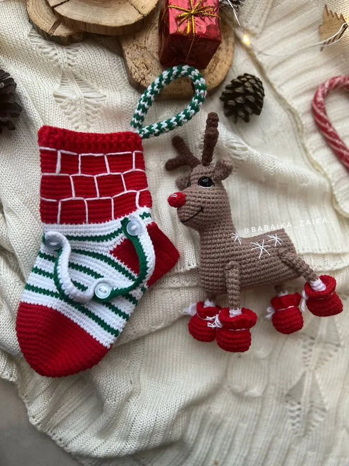 PDF Christmas Stocking, Christmas amigurumi pattern, Christmas ornament sock, Christmas decoration, Christmas crochet deer, Christmas animal