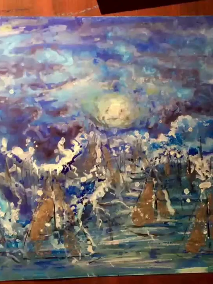 Moonlight boats,original mix media painting on yupo paper,fantasy artwork,gift,home decoration modern art