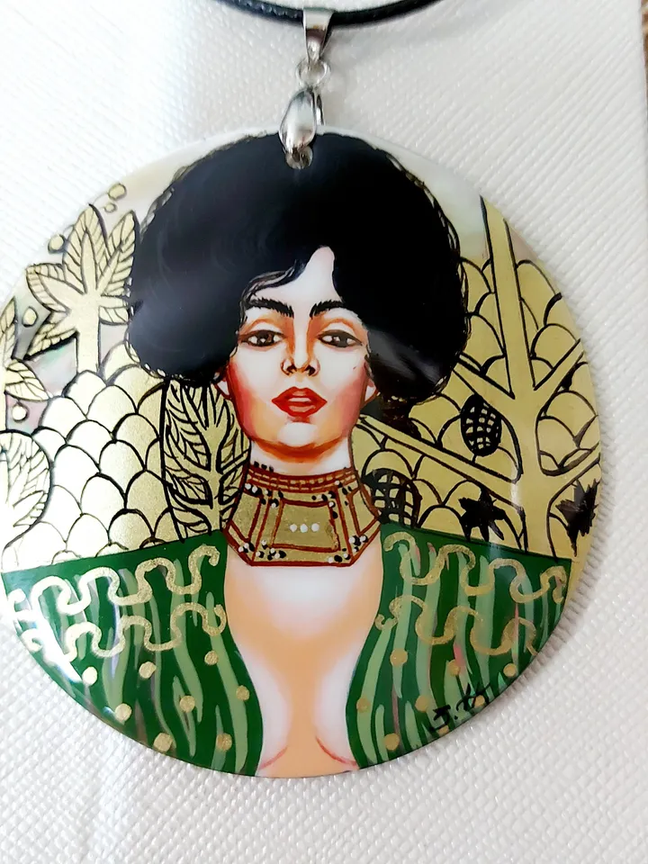 Pearl pendant necklace: Judith by Gustav Klimt on handmade necklace. Painted lacquer shell jewelry. Dainty gift for aesthetic women of power