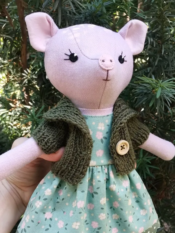 Pink pig girl, handmade wool plush toy, textile stuffed piggy doll