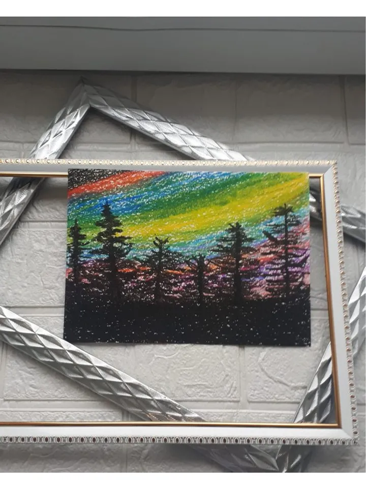 Aurora Borealis Nothern Lights Scenery Art, Nothern Landscape Artwork, Oil Pastel Drawing