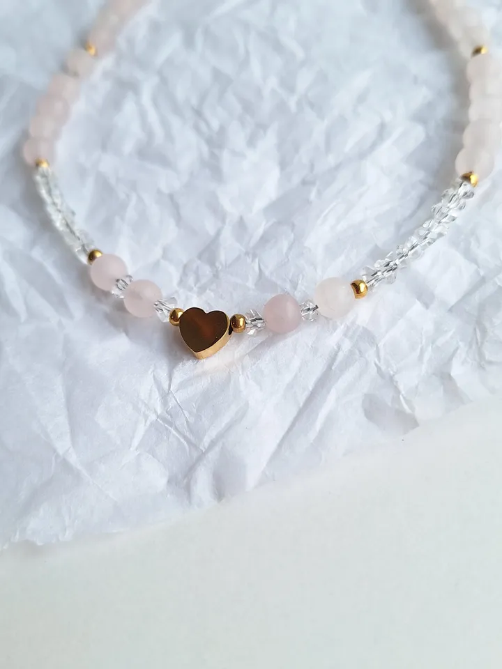 Pink quartz choker with heart, cute delicate jewelry for women, charming thin necklace, delicate necklace for woman, christmas gift