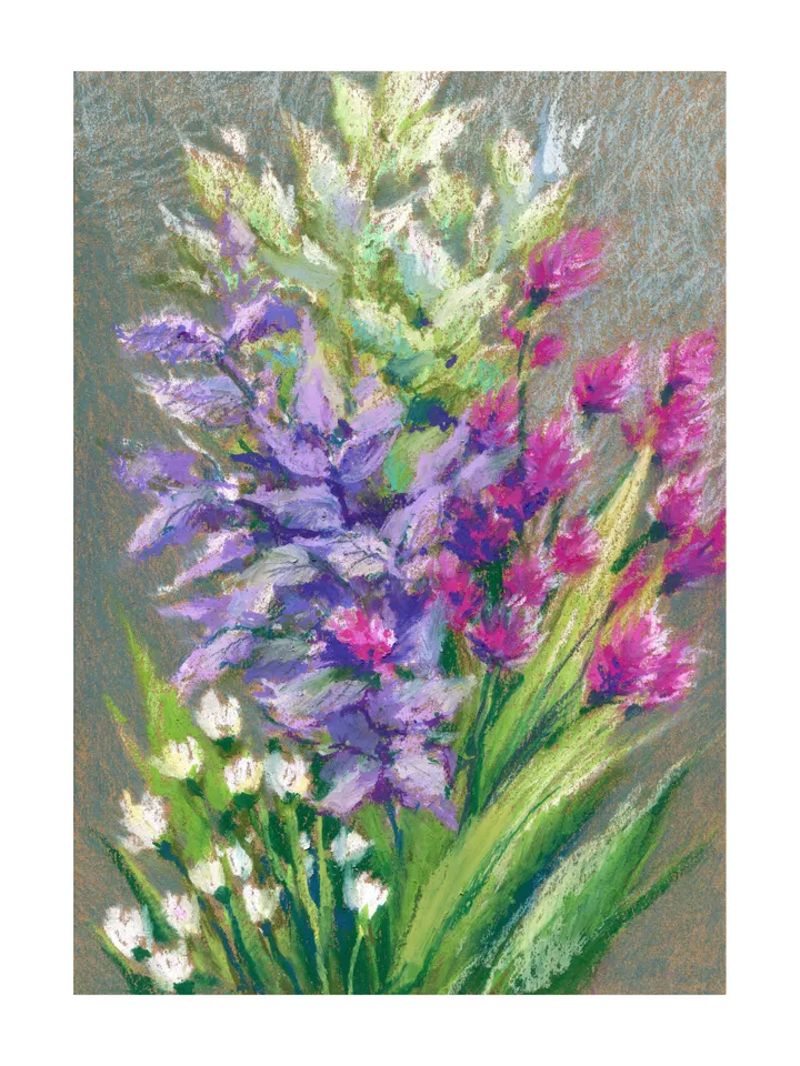 Bouquet of flowers Mint Basil Aroma herbs Oil pastel drawing on A4 craft paper.