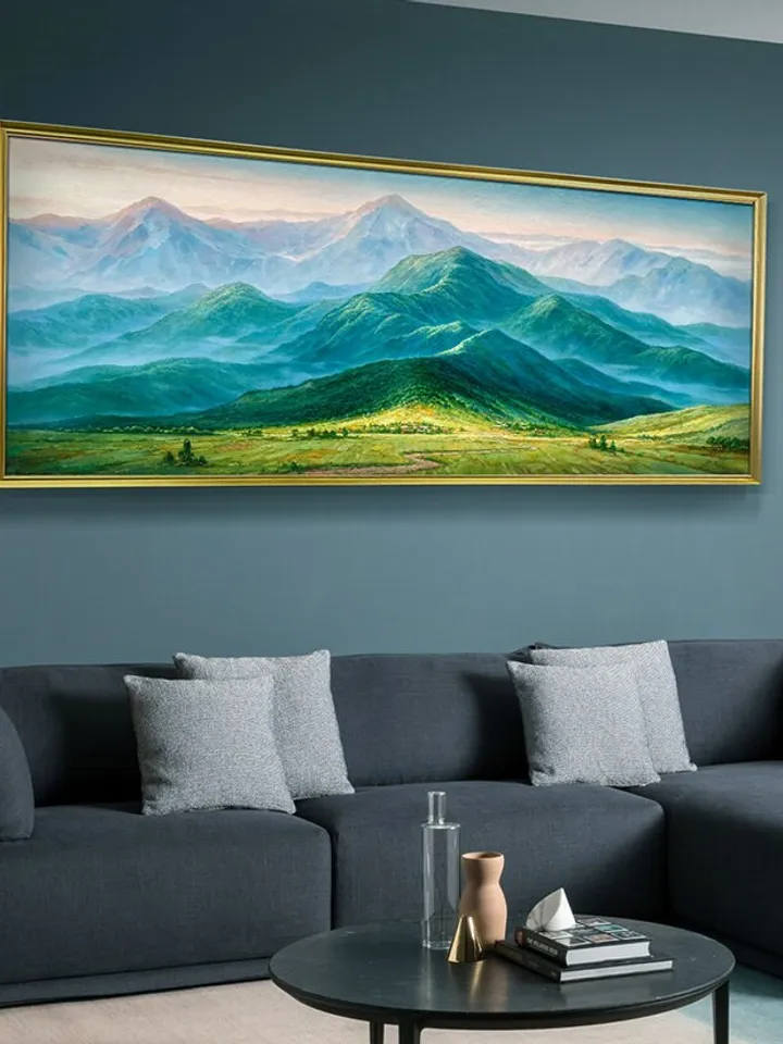 Original Landscape Oil Painting On Canvas, Green Mountains Painting, Realistic Art of Field Scenery, Summer Decor, Large Wall Art,Home Decor