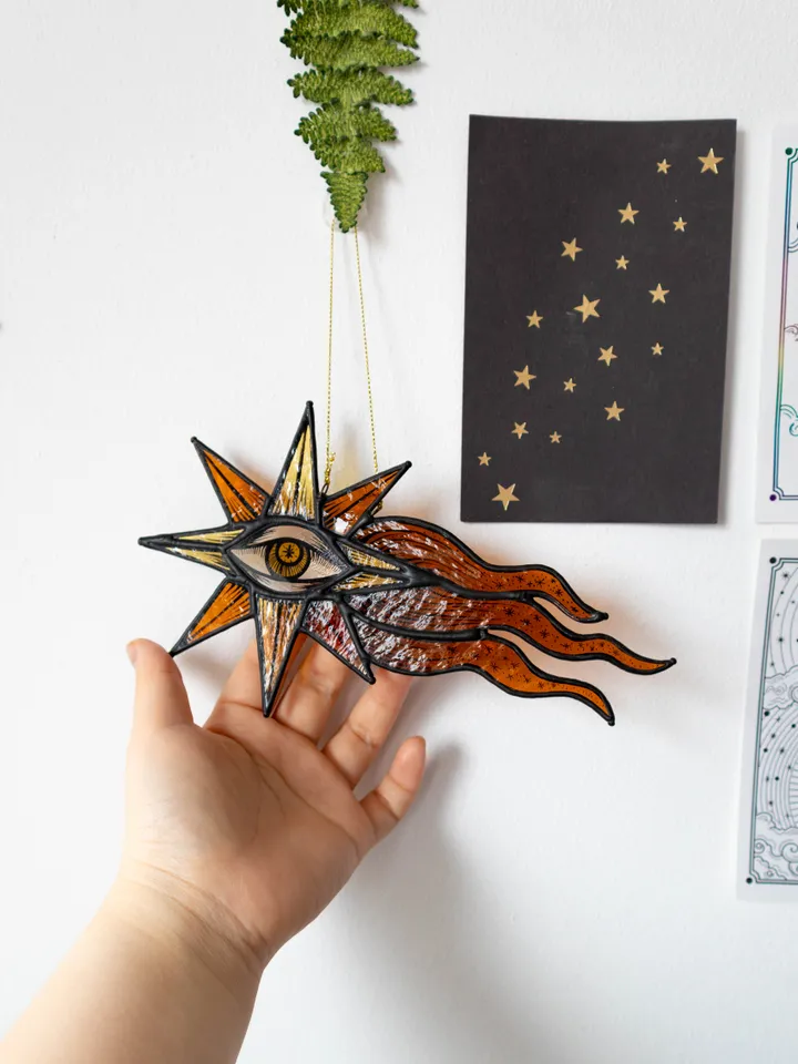 Stained glass ornament, Celestial home decor, Star Art