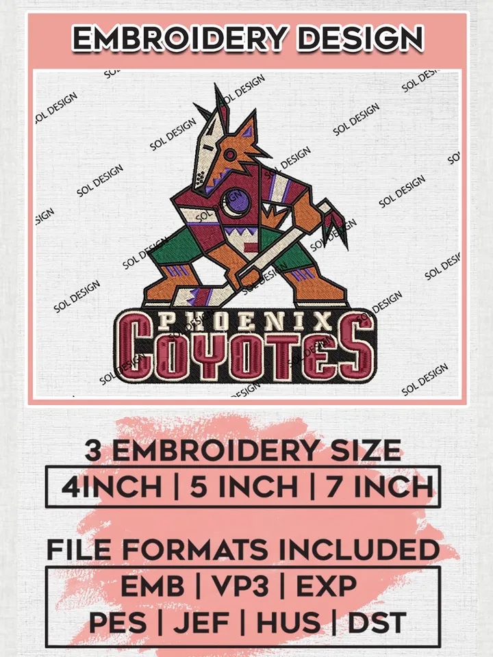 NHL Phonix Coyotes Mascot Logo Embroidery Files, Arizona Coyotes Team Embroidery Designs, NHL Teams, 3 sizes, NHL Machine embroidery designs, Digital Download