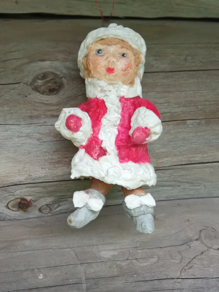 Christmas tree toy Girl. Handmade doll made of cotton wool in a red fur coat. Pendant doll. Christmas decoration. Family souvenir. Xmas ornaments Gifts for the soul. Christmas presents. Made in 1 copy. Free shipping.