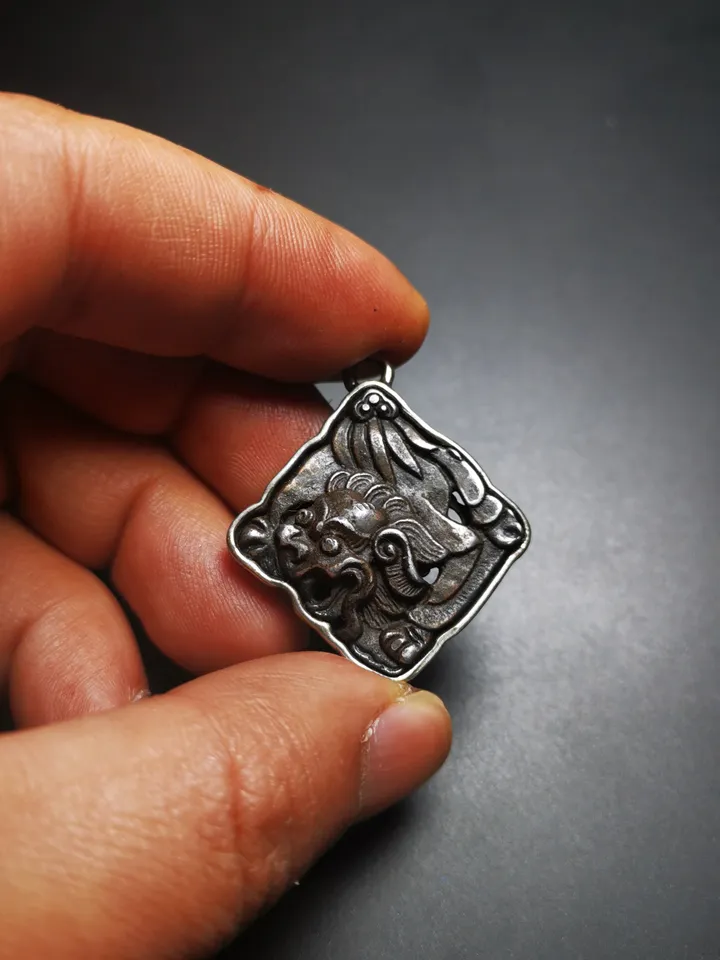 Gandhanra Antique Tibetan Buddhist Amulet,Snow Lion-the Four Dignities(Garuda,Tiger,Dragon,Lion),Buddhist Talisman,Inlaid with Sliver