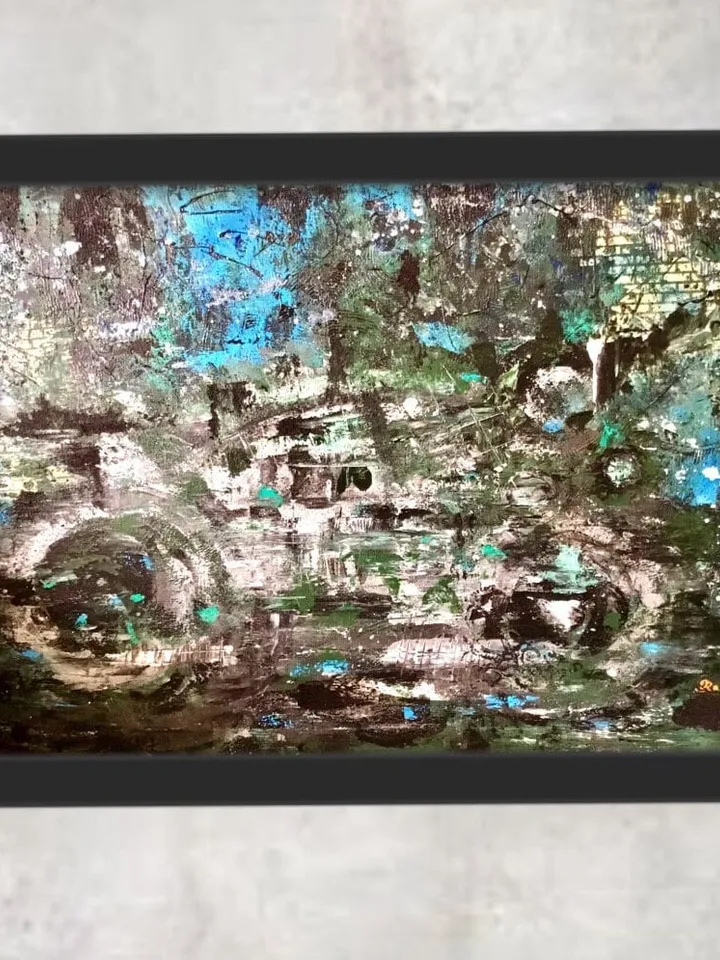 Abstract car painting,acrylic mix media painting,stretched canvas,textured background.