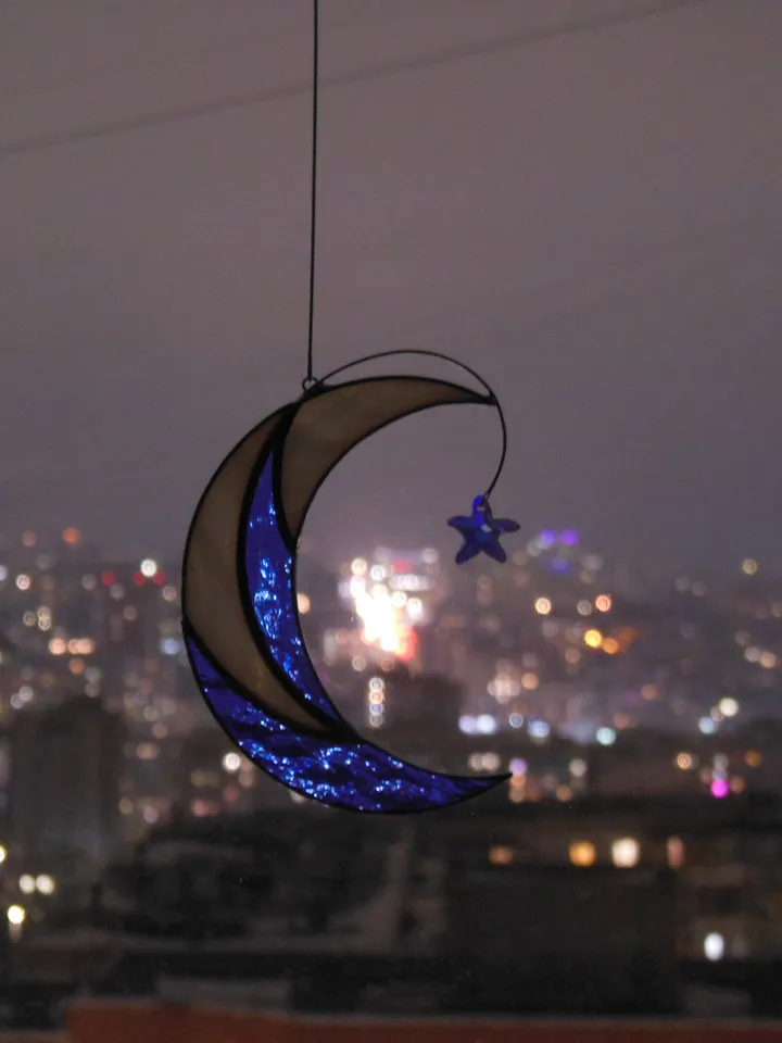 Moon with Shooting Star Swarovski Сrystal . Stained glass window hanging Suncatcher , idea for anniversary , birthday and Christmas gift