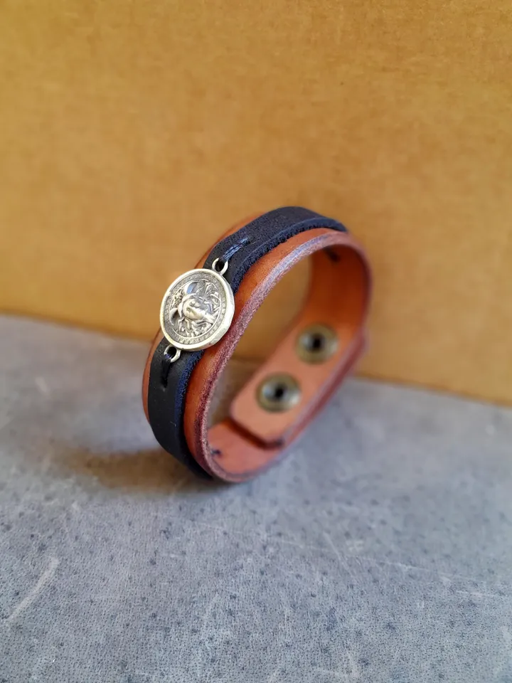 Medusa Bracelet, Black Brown Layered Leather Cuff, Handmade Men Leather Cuff, Greek Mythology Medusa Head, Statement Jewelry, Secret Message