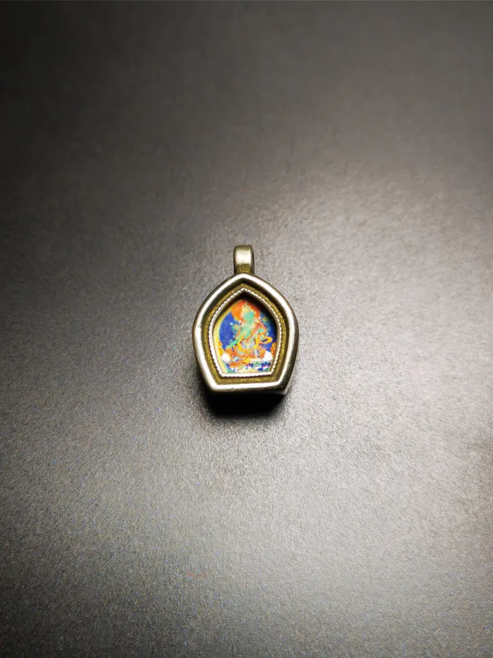 Gandhanra Antique Handmade Gau Ghau Shrine, Green Tara/Guru Rinpoche,Mini Size Tibetan Buddhist Altar Amulet Pendant,Made of White Copper