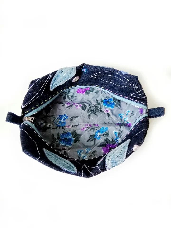 Hand Embroidered Large Cosmetic Bags: Handmade Denim Pouches with Zipper - Unique Embroidered Fabric Women's Beauty Bags. FREE SHIPPING!