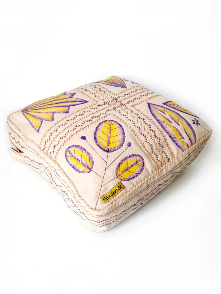Hand Embroidered Large Cosmetic Bags: Handmade Denim Pouches with Zipper - Unique Embroidered Fabric Women's Beauty Bags. FREE SHIPPING!